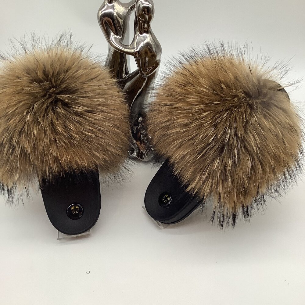 100% Real Raccoon Fur Slippers  Beige, Orange with black tips and mix colors